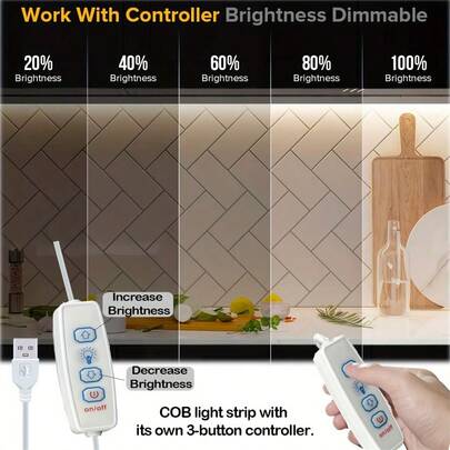 1pc 5V USB COB LED Light Strip With 3-Key Dimmer, Flexible Diode Lamp Strip, White/Warm White Available, Suitable For Room, TV, Mirror, Cabinet Backlighting, Aesthetic Home