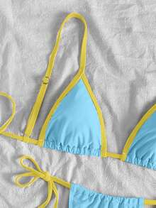 女士性感撞色滚边三角比基尼泳衣，夏季海滩泳池度假 - 藍色 - 查看 6