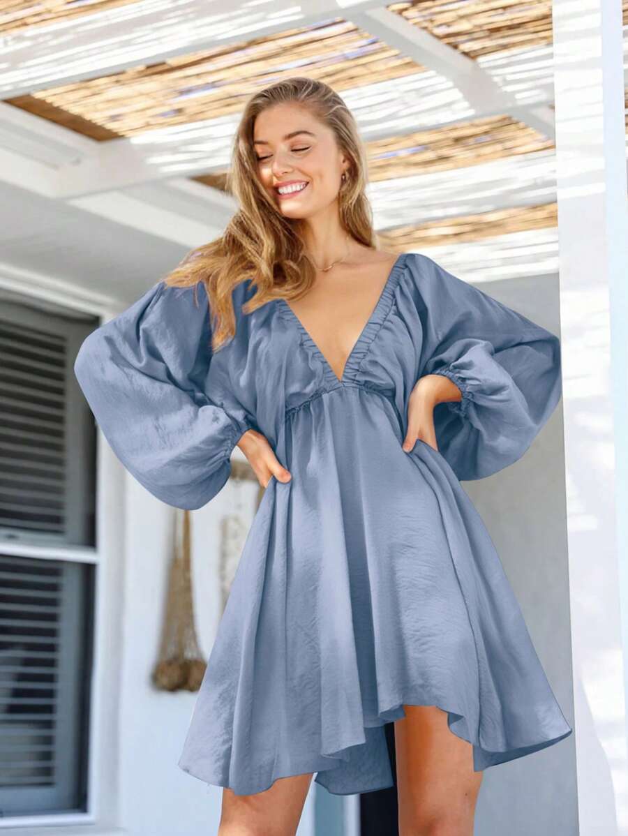 Women's Summer Vacation Solid Color Deep V-Neck Lantern Sleeve Backless Dress