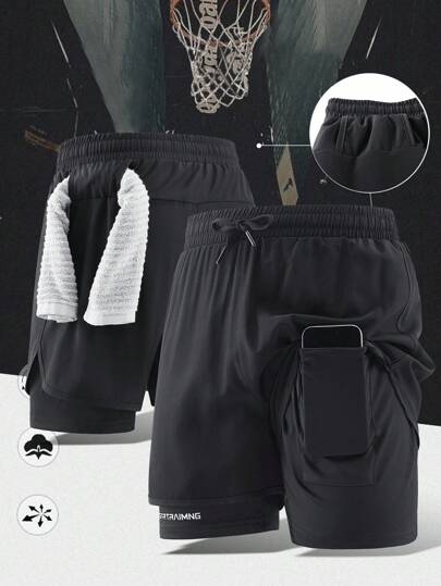 1pc Men 2-In-1 Athletic Shorts With Inner Lining, Elastic Waist Sports Pants For Fitness, Running, Casual Spring & Summer