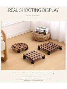 Heavy Duty Rustic Wood Plant Cart With Lockable Metal Wheels | Indoor/Outdoor Garden & Terrace Trolley | Sturdy Mobile Decorative Stand For Pot Transportation & Plant Moving - Multicolor - View 11