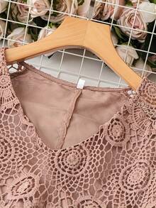 Plus Size Lace V-Neck Plain A-Line Dress, Elegant Short Sleeve Scallop Trim Dress For Spring & Summer, Women's Plus Size Clothing ﻿ - Bụi hồng - Xem 3