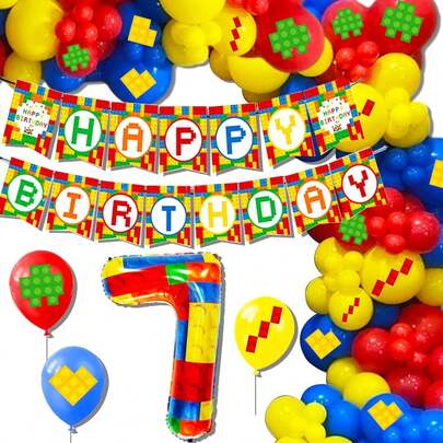 LaVenty 7th Birthday Decoration Building Blocks Themed Birthday Party Decorations Building Blocks Balloons Banner Colorful Themed Birthday Party Pack Supplies Number 7 Balloons
