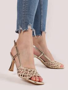 Sandale en PU avec tressage bicolore, talon haut de 9 cm. Sandales d'été pour femmes - Doré - Voir 2