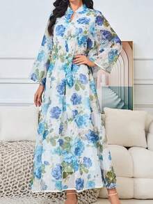 Arabic Women's Long Dress Printed Abaya Robe, Turkish Women Gulf Eid Gown, Modest Kaftan