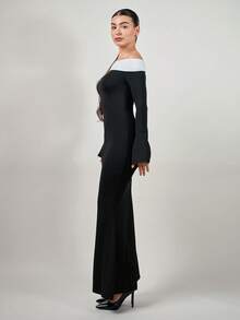 Andrea Bello 反差色雙肩露肩喇叭袖連衣裙