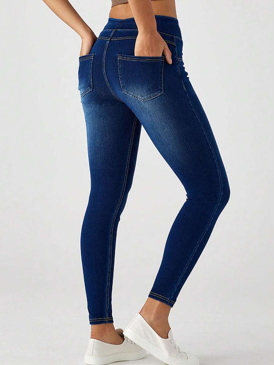 Jeggings For Women Tummy Control Pull On Stretchy Jeans High Waisted Skinny Jean Leggings With Pockets Casual - Dark Blue - View 1
