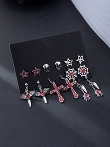 6 对哥特式风格水钻不对称五角星骷髅、星座、蝙蝠、剑、心形、蜘蛛网、锥形吊饰时尚派对耳环套装 - 彩色 - 查看 2
