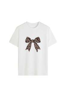 Daily Casual Round Neck Leopard Print Bow Short Sleeve T-Shirt, Spring/Summer - White - View 2