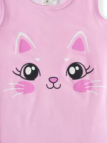 2 Peças/Conjunto Pijamas Justos Sem Mangas para Meninas, Regata com Estampa Fofa de Gato e Coração e Shorts, Conjunto de Roupas de Verão Confortáveis e Respiráveis