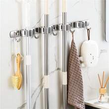 1pc, Mop And Broom Holder Wall Mount, Broom Organizer Storage Tool Racks Stainless Steel Heavy Duty Hooks Self Adhesive Solid Non-Slip For Home Kitchen Garden Laundry Garage