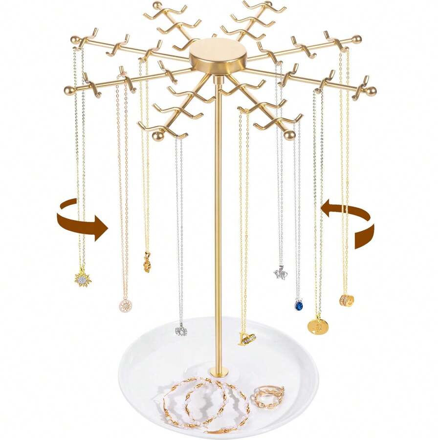1 cái Giá đỡ vòng cổ xoay, Giá trưng bày vòng cổ vàng có 48 móc hình chữ W, Giá đựng đồ trang sức cho vòng cổ, hoa tai, nhẫn, quà tặng cho phụ nữ khi trở lại trường, lưu trữ trong ký túc xá - Vàng - Xem 1
