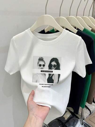 日式风格女士圆领宽松休闲百搭印花短袖T恤，春夏