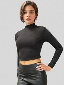 Suéter Crop Top Para Mujer Cuello AltoLisoCasualPoliésterCanalé