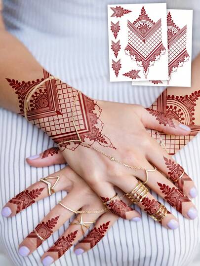 2 张大尺寸人体艺术临时开斋节 Mehndi 指甲花手部纹身贴纸，红棕色指甲花曼陀罗风格图案，防水假纹身，持续 2-5 天，遮盖疤痕，可用于手臂手腕肩腿腰颈手胸部大腿手指，适合女性和女孩节日装饰婚礼派对