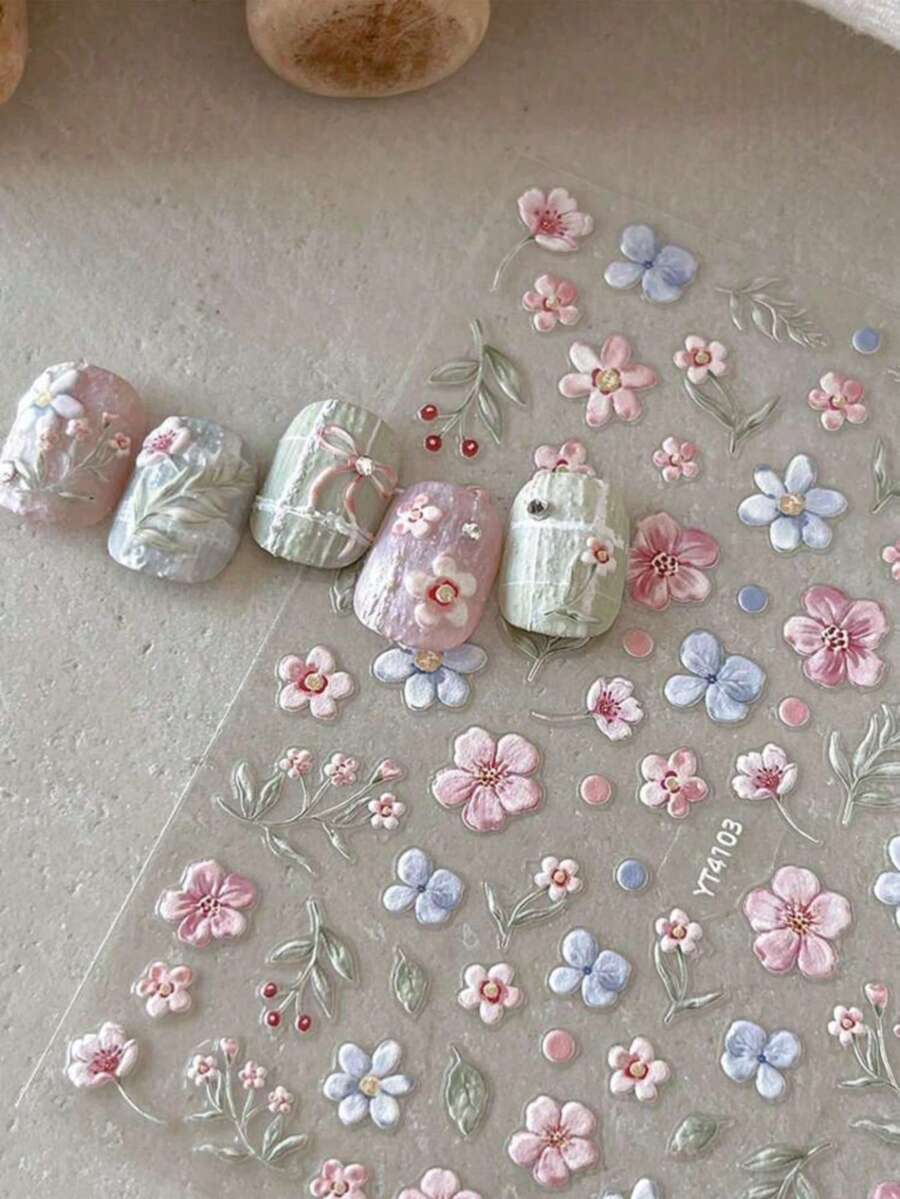 1张彩色花卉美甲贴纸,3D立体卡通花园系列美甲贴花 - 彩色 - 查看 1