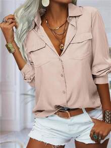 Womens Solid Lapel Long Sleeves Button Down Shirt Top Casual Basic Office Blouse - Màu be - Xem 2