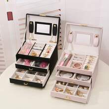 New 3-Layer Large Capacity Jewelry Storage Box, Portable Jewelry Box With Mirror, Dresser Jewelry Box With Drawers, Leather Jewelry Box Gift, Delicate Display Storage Container, Bathroom Organizer, Desk Drawer Box Graduation