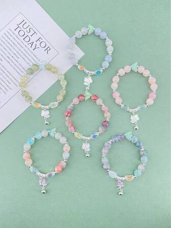 6pcs Bohemian Butterfly Bell Random Floral Pattern Fashionable High-Quality Bracelet For Women
