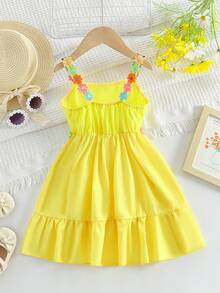 Young Girl Floral Shoulder Strap Decorated Ruffle Hem A-Line Dress, Suitable For Summer Holiday - Yellow - View 2