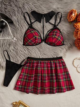 红色格子图案性感内衣三件套吊带胸罩和短弹力裙和丁字裤，女式角色扮演制服
