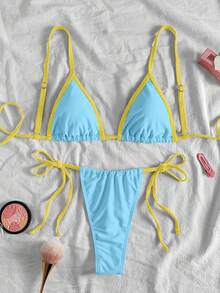 女士性感撞色滚边三角比基尼泳衣，夏季海滩泳池度假 - 藍色 - 查看 5