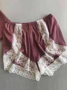 1 Set Women Spring/Autumn Ice Silk Sleepwear, Sexy Lace Trim Silk Camisole & Shorts 2pcs Pajama Set, Loungewear - Mauve Purple - View 4