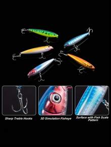 Goture 5pcs Pencil Sinking Fishing Lure, Topwater Popper Bait With 3D Eye And Treble Hooks For Saltwater Freshwater, Fishing Gifts For Men - Multicolor - View 3