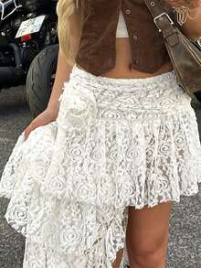 女士度假蕾丝裙复古波西米亚风白色裙子春夏温柔不对称分层裙假日仙女休闲迷你裙