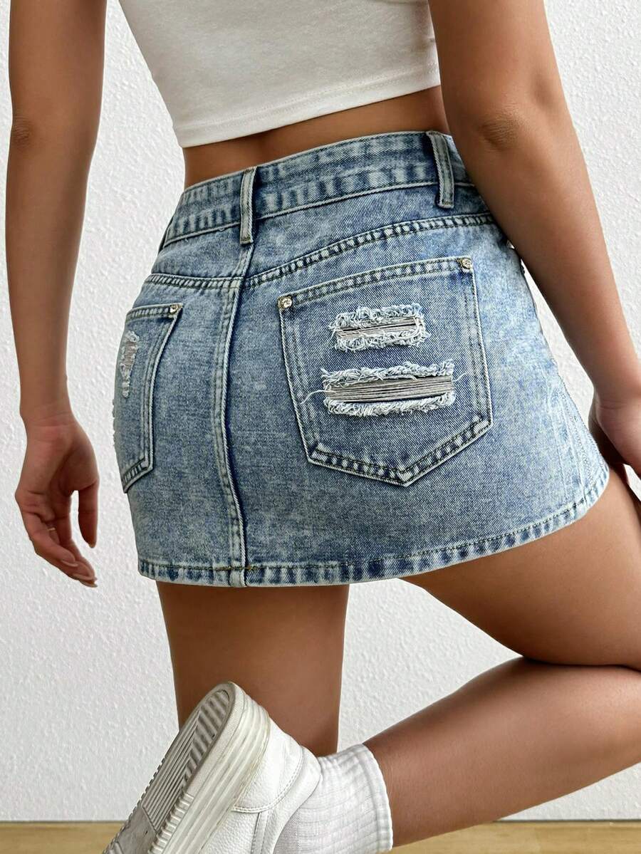 Fusta de denim casual, de epocă, spălată, împodobită cu strasuri, cu talie joasă, pentru femei - Spălare ușoară - Vizualizare 1