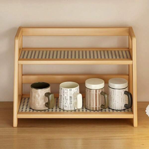 Estante de almacenamiento de escritorio de estilo de ratán de color crema, organizador de taza / misceláneos de doble nivel para dormitorio, cocina
