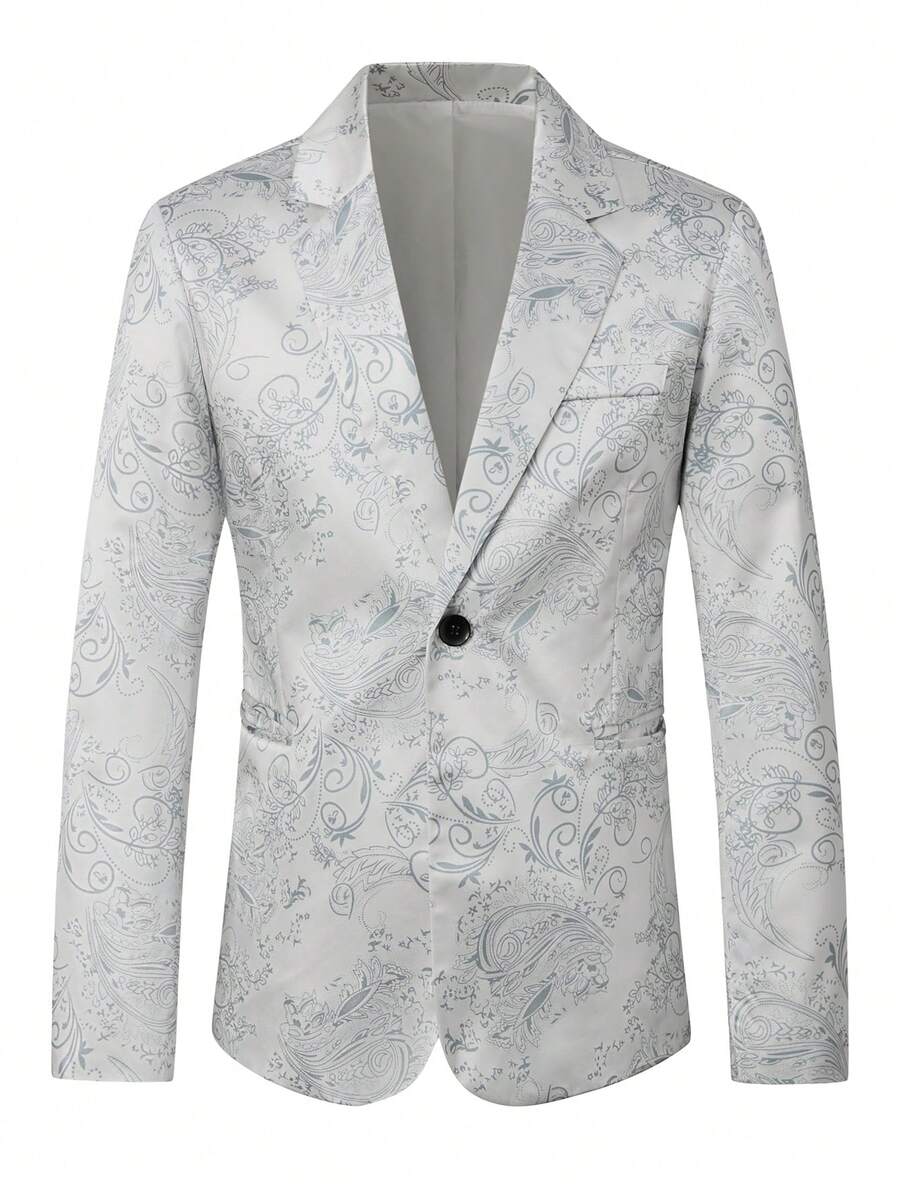 New European And American Style Men's Slim Fit Ditsy Floral Silver Color Suit Jacket, Early Autumn - Silver - View 1