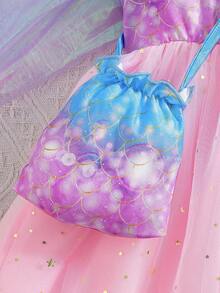 Girls Ombre Fish Scale Print Camisole Top Patchwork Moon & Star Mesh Hem Midi Dress, With Cross-Body Bag, Fashionable & Cute, Suitable For Outings, Parties, Vacations, Summer - Pink - View 4