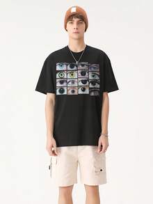 Tiny Spark Men's Casual Eye Print Short Sleeve T-Shirt, Summer - Black - View 3