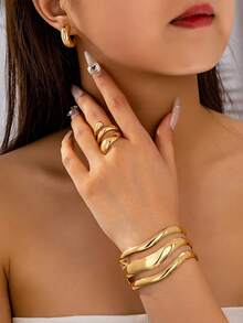 3pcs Fashionable Metallic Teardrop Cuff Bracelet, Ring & Earring Jewelry Set, Chunky Jewelry