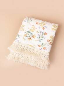 1pc Baby Cotton Printed Tasseled Swaddle Blanket, Stroller Cover