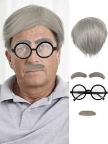 10 Inch Short Gray Straight Men's Cosplay Wig With Glasses, Eyebrows And Mustache, Grandfather Old Men Cosplay Wig For Holiday Party Wig For Men Anime Comic Cartoon Costume Cosplay Wig, Heat Resistant Premium Synthetic Wig High Temperature Fiber Hair With Bangs - Grey - View 13