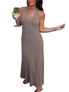 Women Knit Dress, Sleeveless Halter Dress Backless Ribbed Solid Summer Long Dress - Khaki - View 2