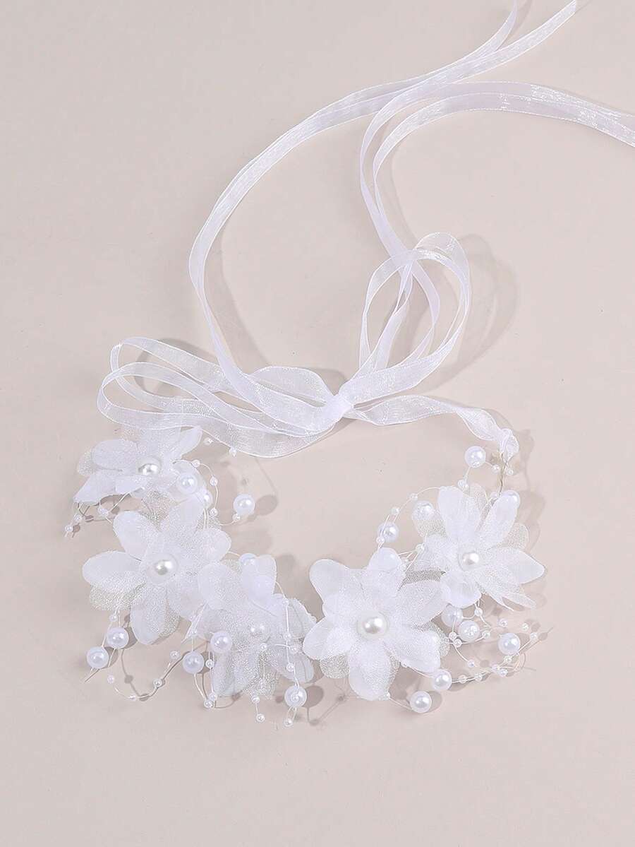 1pc Flower Girl Princess Flower Headpiece Girl Stuff Pearl Headband Alloy Floral Bridal Hair Accessories Communion Wedding Prom Photography Prop For Girls - White - View 1