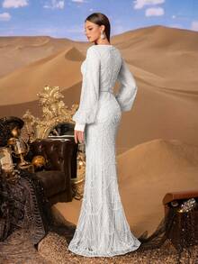 Faeriesty Đầm dạ hội dài tay đính sequin dáng đuôi cá sang trọng dành cho nữ – Thêu đính pha lê tinh xảo, chi tiết lấp lánh phủ kín toàn thân và kiểu dáng trumpet ôm sát, lý tưởng cho các sự kiện thảm đỏ, đám cưới sang trọng, dạ hội trang trọng và các buổi trình diễn thời trang, kỳ nghỉ xuân. Màu trắng. - trắng - Xem 2