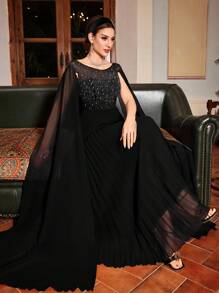 优雅手工长款派对舞会礼服，女士正式晚礼服，婚礼宾客礼服 - 黑色 - 查看 4