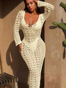 Women's Sheer Mesh Sexy Cover Up Dress Summer Beach Swimwear Bikini Bathing Suit Coverups - Khaki - View 1