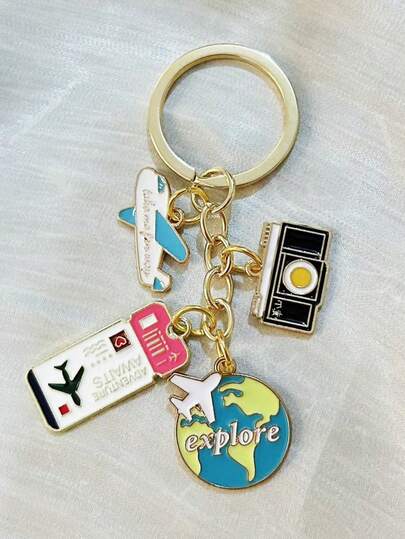 1pc New Enamel Airplane & Globe Keychain, Fashionable Travel Keyring, Box Bag Pendant, Unisex Handmade Keychain, Outdoor Travel Fashion Accessory, Gift For Friends, Relatives, Graduation, Mother's Day, Easter And Other Holidays, Car Accessories, Cute Gothic Y2K Style