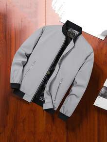 简约时尚百搭花卉衬里酷炫飞行员夹克 - 灰色 - 查看 1