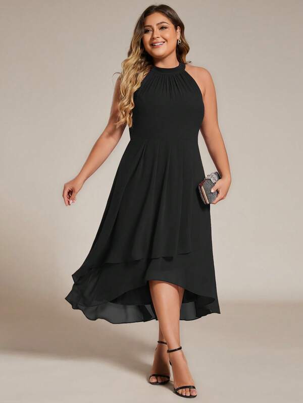 Plus Size Elegant Chiffon Sleeveless Halter Asymmetric Hem Gown Wedding Guest Dress Black Formal Dress, Bridesmaid Dress