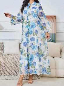 Arabic Women's Long Dress Printed Abaya Robe, Turkish Women Gulf Eid Gown, Modest Kaftan