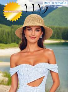 Chapéu de Balde de Palha Dobrável Feminino | Chapéu de Sol de Praia | Chapéu de Viagem Boêmio Trançado à Mão UPF50+ para Senhoras - Leve Portátil Vazado Chapéu de Verão (À Prova de Vento / Respirável / Pronto para Férias) Em 6 Cores