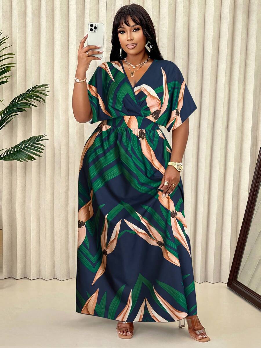 BIUBIU 大码女式热带植物印花 V 领蝙蝠袖短袖连衣裙（随机花卉图案） - 墨綠色 - 查看 1