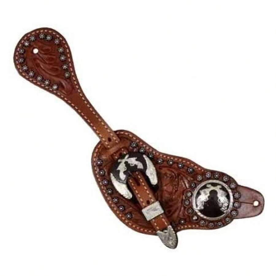 Men's Western Spur Straps - Hand-Tooled Genuine Leather With Silver Cross & Revolver Conchos, Cowboy Boot Accessories For Rodeo, Ranch Work, And Horse Riding - Adjustable Vintage Gunmetal Buckle