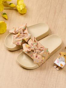 1 Pair Girls' Spring/Summer New Comfortable Fashion Casual Bow Tie Pink Polka Dot Design Soft Flat Stylish Princess Slippers - Pink - View 5